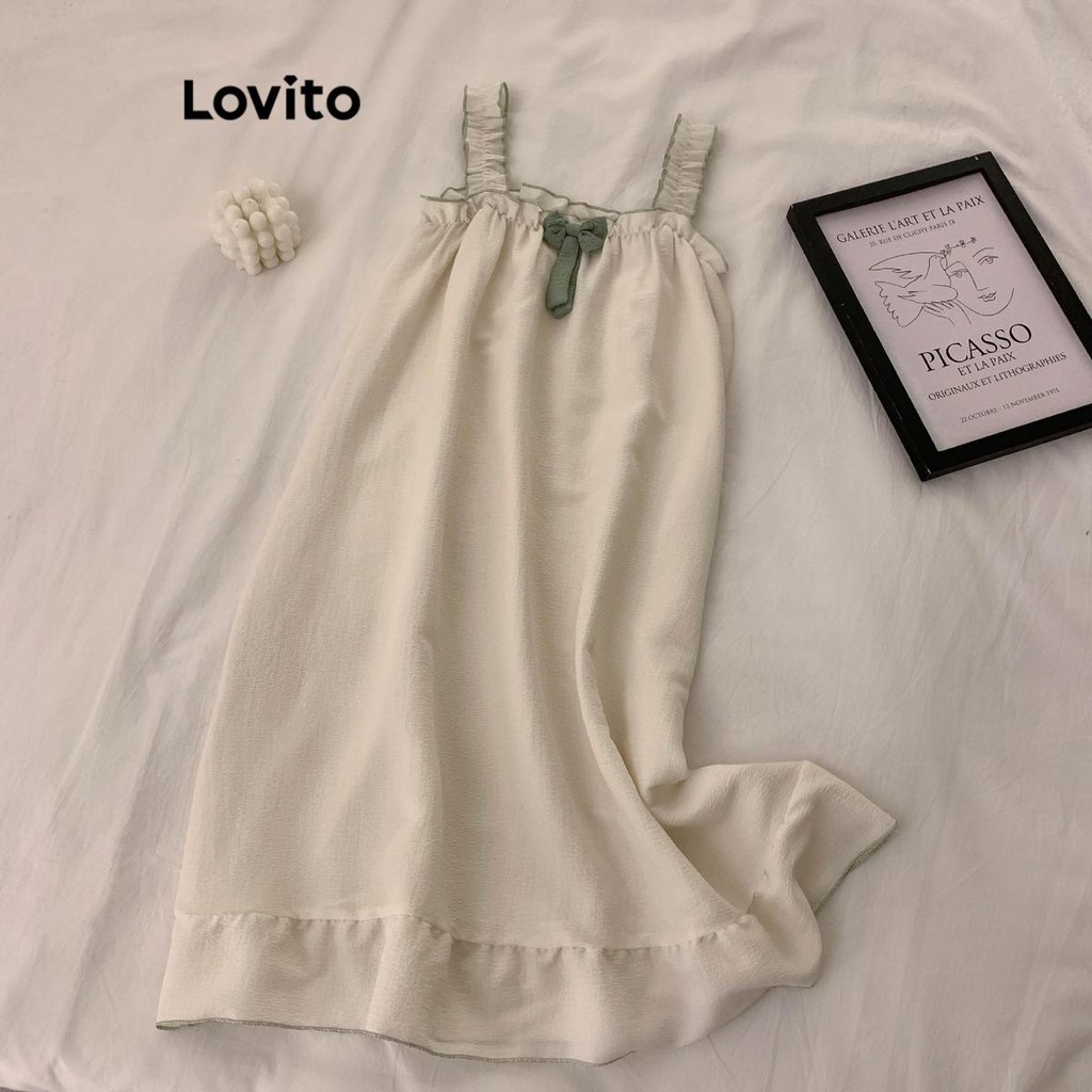 Lovito ชุดนอนกระโปรงผู้หญิง แต่งโบว์ สีพื้น สไตล์ลำลอง LNA54164