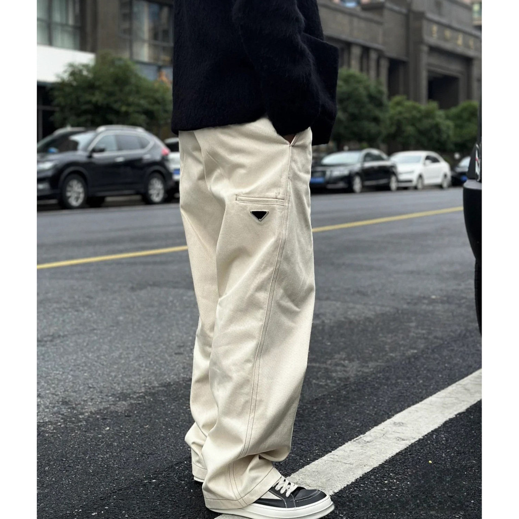 4XXY PRADA Autonomous Replacement Inverted Triangle Metal Logo Beige Distressed Dirty Retro Straight Denim Casual Trousers