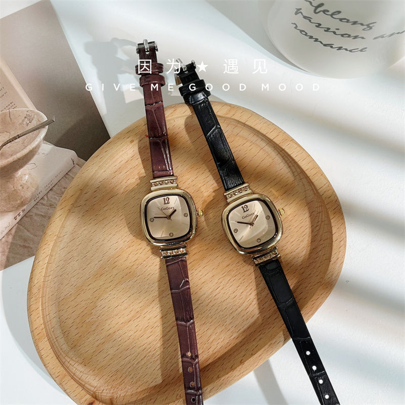 นาฬิกาสุภาพสตรี Premium Square Pointer Type Thin Strap Leather Mechanical Watch
