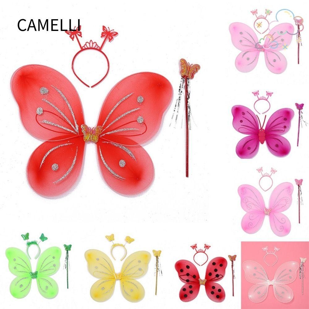 Camelli ชุดแฟนซี ปีกนางฟ้า สําหรับเด็กผู้หญิง พร็อพปาร์ตี้ 3 ชิ้น ต่อชุด