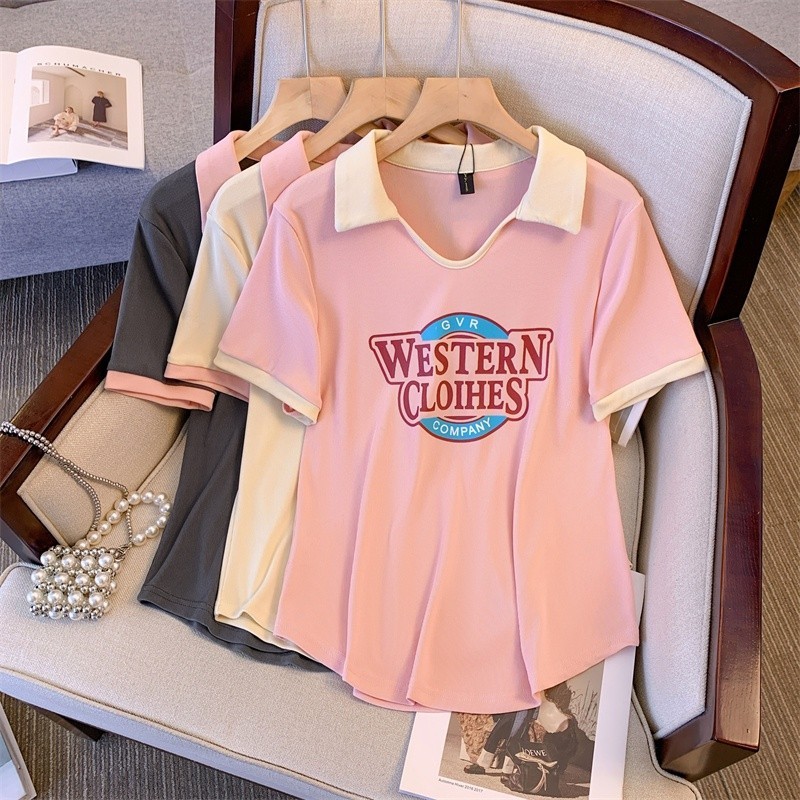 Solovely เสื้อผู้หญิง สไตล์เกาหลี เสื้อยืด พิมพ์ลาย แขนสั้น เสื้อโปโล