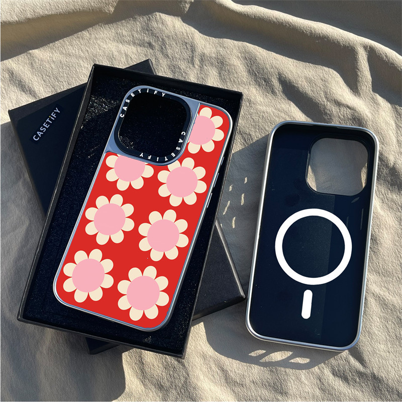 Casetify X ดอกทานตะวันสีแม่เหล็กดูด Matte Black & Silver ปลอกไฟฟ้า Apple IPhone 15 14 13 12 Pro Max Hard Back Case Cover พร้อมกล่องแกะสลักโลโก้