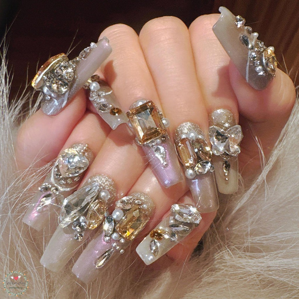 BLNAIL ล็บปลอม เล็บปลอมตาแมวพร้อม พลอยเทียม พร้อมเล็บขอบที่ไม่เป็นอันตรายและเรียบ