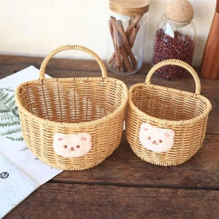มาสเมโต ตะกร้าแขวนผนังตะกร้าเก็บผักผลไม้หวายเลียนแบบกระต่าย/หมีทนทานพร้อมที่จับหัวหอมขิงกระเทียมตะกร้าหวายทอมือสําหรับห้องครัว