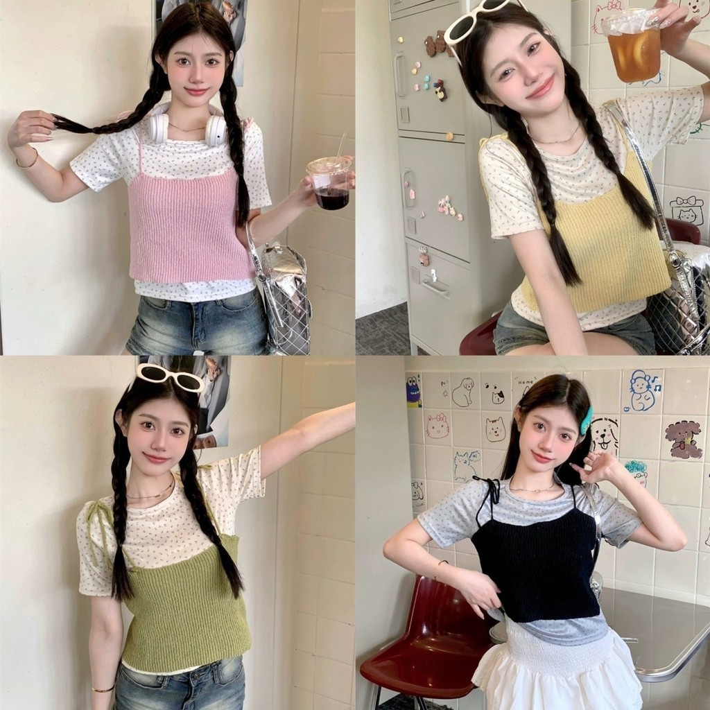 Pudding ~พร้อมส่ง "76112/76113" เสื้อแขนสั้น / สายเดี่ยว ขายแยกกัน สีสันสดใส จับคู่ตามใจ