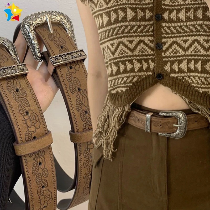 Hip Hop แฟชั่น Retro รูปแบบพิมพ์ Y2K เข็มขัดสําหรับสาว Punk Cool Buckle Pin เข็มขัดเอวหญิง PU หนังกางเกงยีนส์กางเกงตกแต่งเข็มขัด