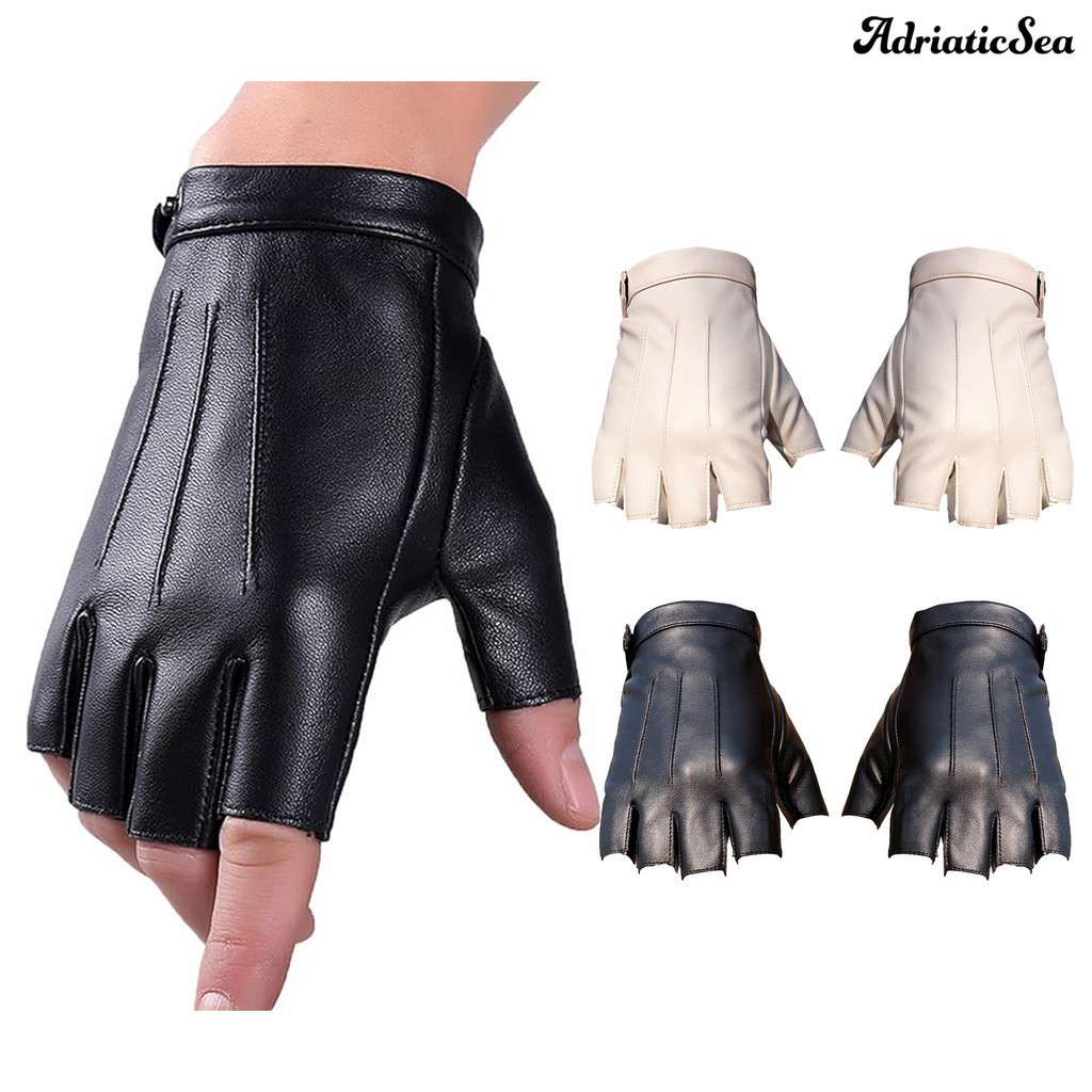 [COD ]✯1 คู ่ ถุงมือหนัง Faux ครึ ่ งนิ ้ วเรียบกันน ้ ําปรับข ้ อมือสีทึบ Unisex ขับรถกีฬากลางแจ ้ งฮาโลวีน