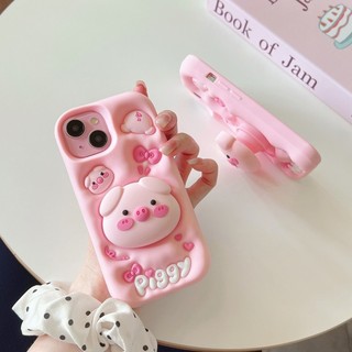3d telescopic bracket น ่ ารักสีชมพูหมูซิลิโคนสําหรับiPhone 11 12 13 14 15 Pro Maxปลอกป ้ องกันการหล ่ นซิลิโคนปกอ ่ อน