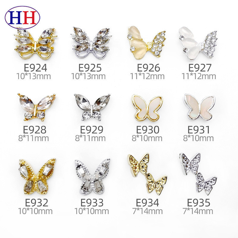 10 ชิ้น LZ ระเบิดโลหะผสม rhinestone ผีเสื้อเล็บเครื่องประดับผสมชุด pineral cat eye หินผีเสื้อตกแต่งเล็บ