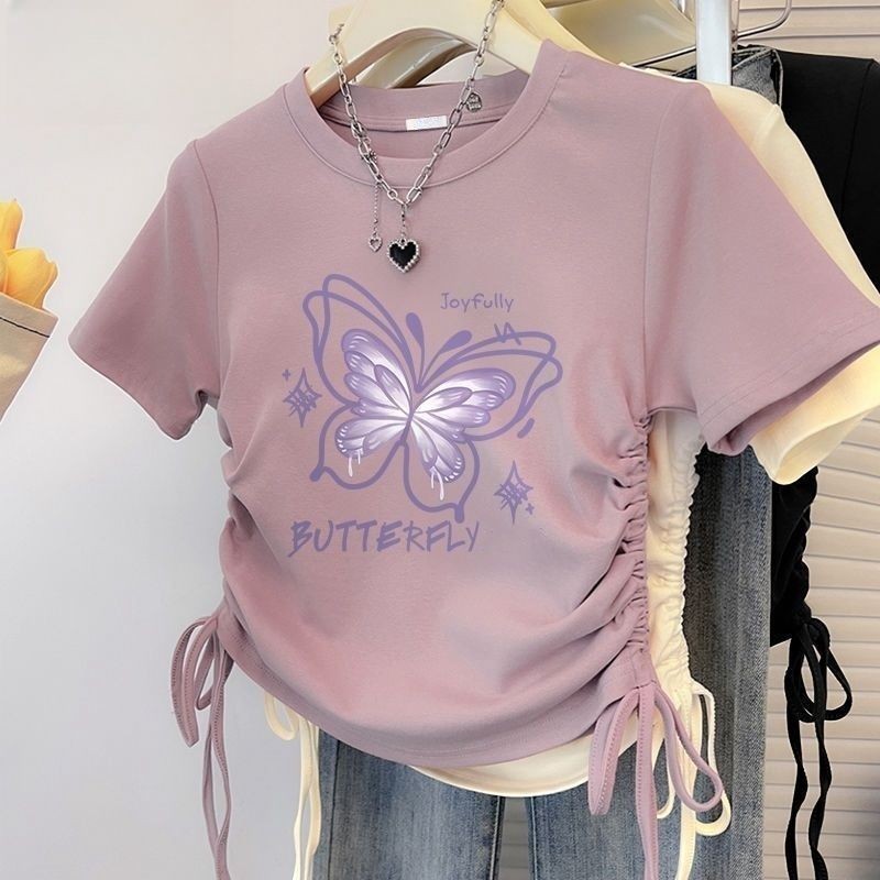 เสื้อยืดแขนสั้นไหล่ของแท้ผู้หญิงฤดูร้อน 2024 สไตล์ใหม่สุภาพสตรีเชือกรูดสั้นฤดูร้อน Dopamine สาวร้อนด้านบน