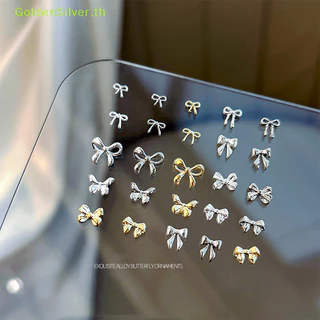GoldenSilver 10pcs Bow Nail Art Ch 3D ญี่ปุ่น Bow Tie เครื่องประดับเล็บ Rhinestone ตกแต่ง DIY อุปกรณ์เสริม TH