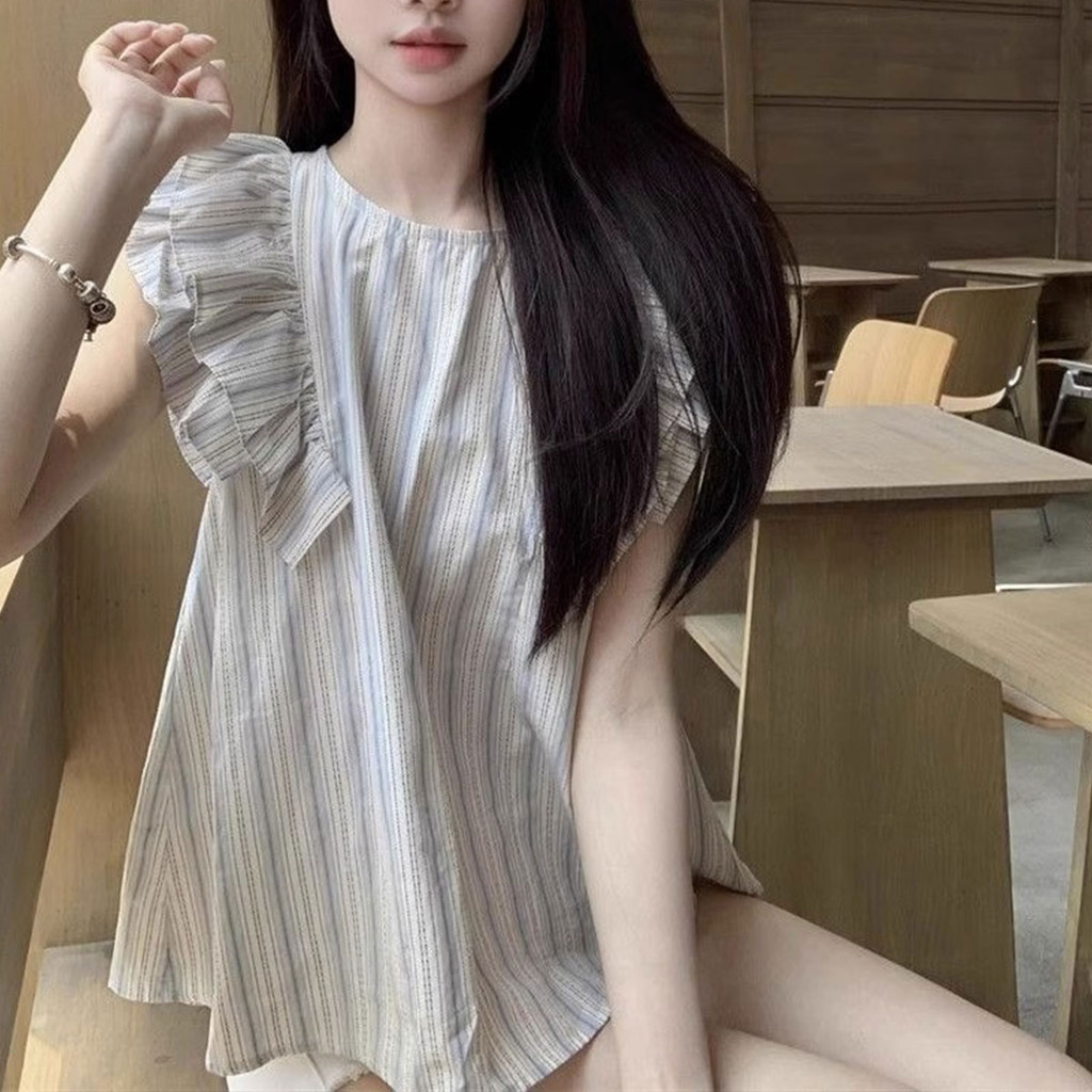 พร้อมส่ง เสื้อแขนระบาย สีฟ้าอ่อน ดีไซน์น่ารัก สไตล์เกาหลี ราคาถูก