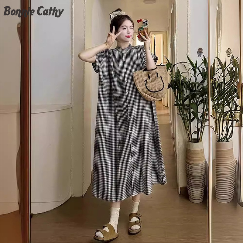 Bonnie Cathy ชุดเดรสผ้าฝ้ายแขนสั้นฤดูร้อนคลุมท้องลายสก๊อตกระโปรงยาว