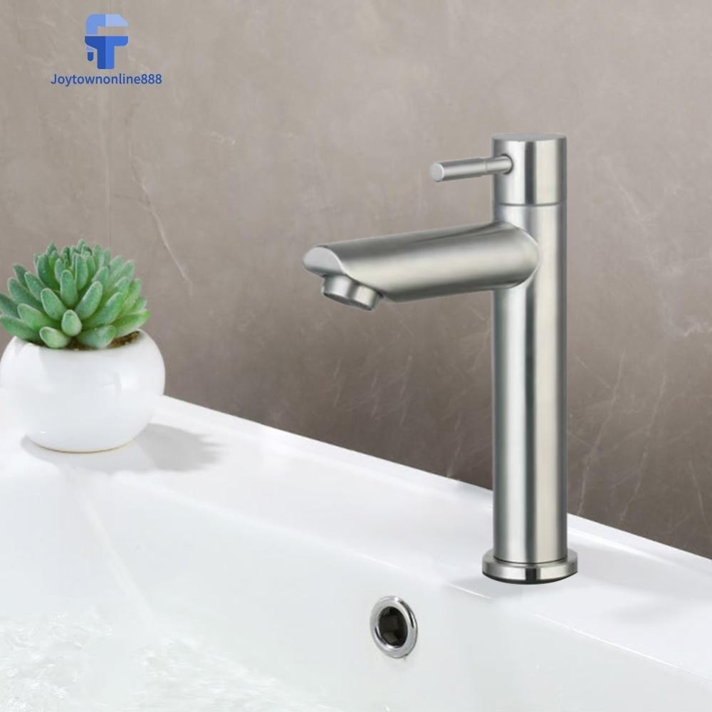 {2024-JOY }Stainless Steel Single Cold Water Sink Faucet Bathroom Counter Basin Faucet [Joytownonline888.th ]