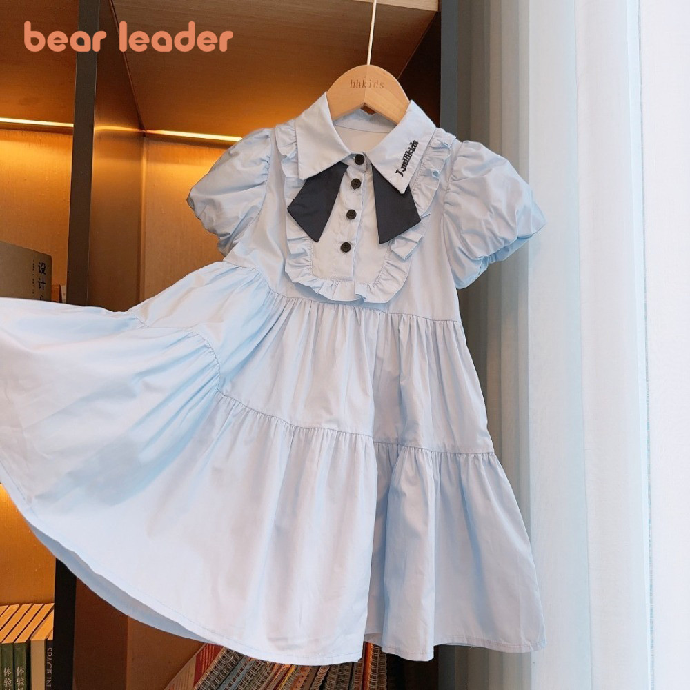 Bear Leader Academy สไตล ์ สีทึบชุดฤดูร ้ อนแขนฟองเสื ้ อผ ้ าสาวหลายชั ้ น 2-7 ปีเด ็ กชุดลําลอง