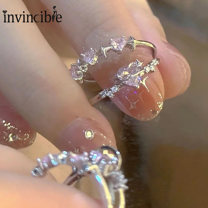 แหวน Rhinestone หัวใจสีชมพูหวานเกาหลี - Y2K แหวนเปิดหัวใจไม ่ สม ่ ําเสมอ - เครื ่ องประดับปาร ์ ตี ้ แหวนสาวประณีต