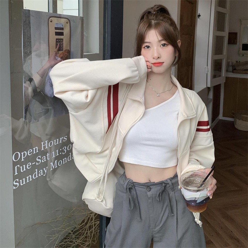 Solovely สไตล์เกาหลี แขนยาว คาร์ดิแกนผู้หญิง หลวม เสื้อโค้ท ครอป เสื้อกันหนาว ลายทาง แจ็คเก็ต