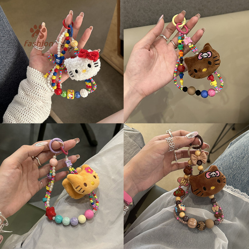 [แฟชั่น] น่ารัก Sanrio Plush ผิวสีดํา Hello Kitty ลูกปัดที่มีสีสัน Key Chain เคสโทรศัพท์ Lanyard กระเป๋าจี้ Kawaii สาวหัวใจอุปกรณ์เสริมของขวัญ {TH}