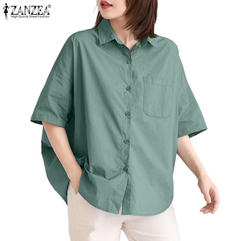 Zanzea เสื ้ อเชิ ้ ตดีไซน ์ กระเป ๋ าแขนสั ้ นแขนสั ้ นสไตล ์ เกาหลีสําหรับผู ้ หญิง
