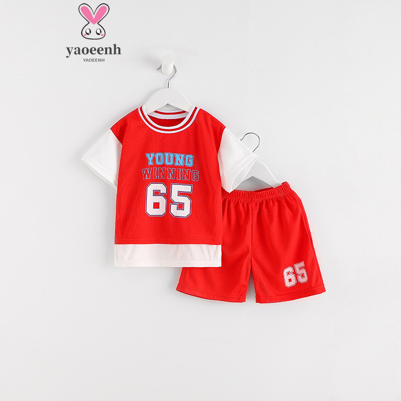 【YAOEENH】80-150 ซม.ฤดูร ้ อนเด ็ กปลอมสองชิ ้ นแขนสั ้ นชุดกีฬาชายหญิง Cool Breathable Quick-Drying ชุดบาสเกตบอล 2 ชิ ้ นชุดอ ่ าน