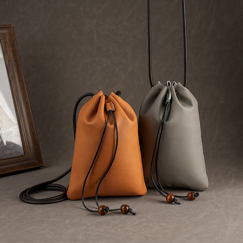 Genodern Drawstring Bundle Shoulder Messenger Bag First Layer Cowhide Lucky Bag Storage Coin Purse