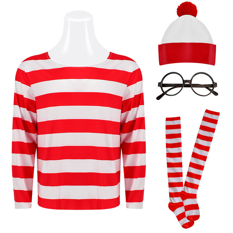 การ์ตูน Where Is Wally Waldo คอสเพลย์เครื่องแต่งกาย Waldo Book Week เครื่องแต่งกายปาร์ตี้ฮาโลวีนแฟนซ