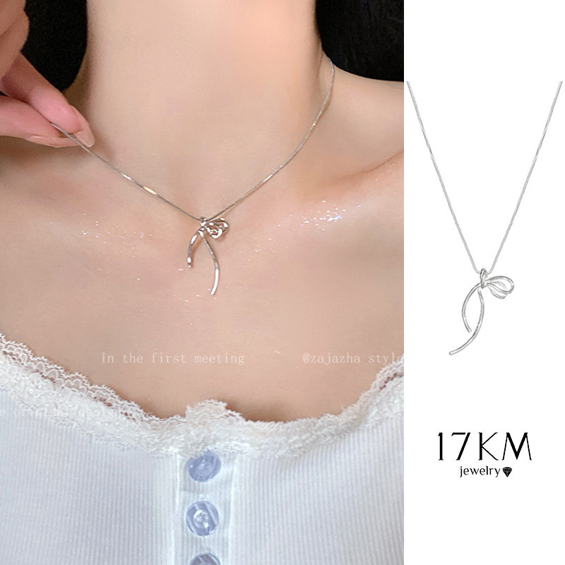17km Simple Linear Bow สร ้ อยคอเงินจี ้ Chain Choker สําหรับผู ้ หญิงเครื ่ องประดับอุปกรณ ์ เสริม