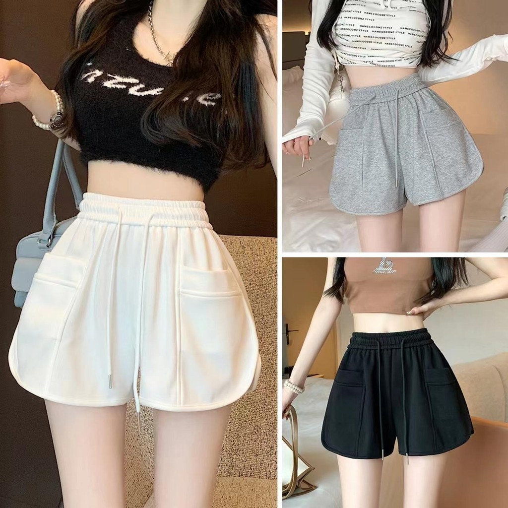 cherryshop พร้อมส่ง กางเกงขาสั้นกีฬาผูกเชือกเอวสูงสไตล์เกาหลีแฟชั่นฤดูร้อนสำหรับผู้หญิง สีทึบ ผ้ายืดใส่สบาย ลำลอง น่ารัก