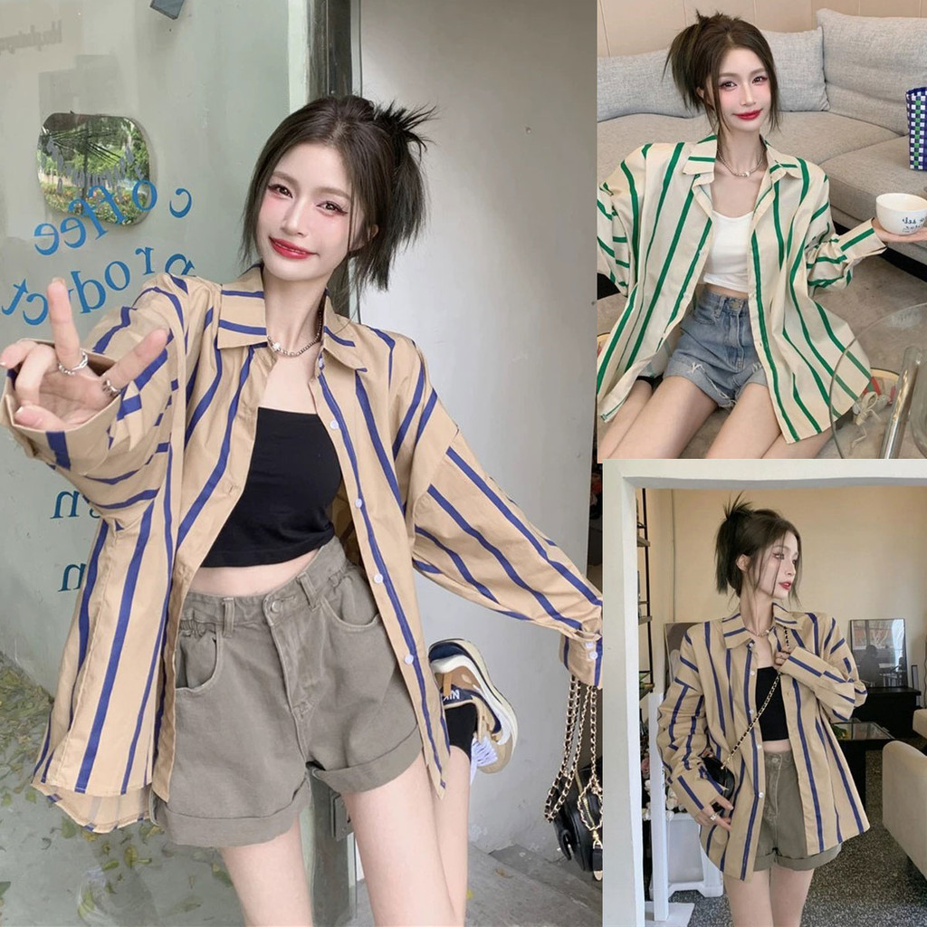Dahong เสื้อเชิ้ตแขนยาวลายทาง สไตล์ฮ่องกง เสื้อเชิ้ต เสื้อเชิ้ตเเขนยาวมีกระเป๋า ผ้านุ่มเบาใส่สบาย โพลีเอสเตอร์ w385