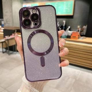 สําหรับ iPhone 11 12 13 14 Pro 15 Max Plus Deluxe Glitter Magnetic Clear กันกระแทก TPU Soft Case