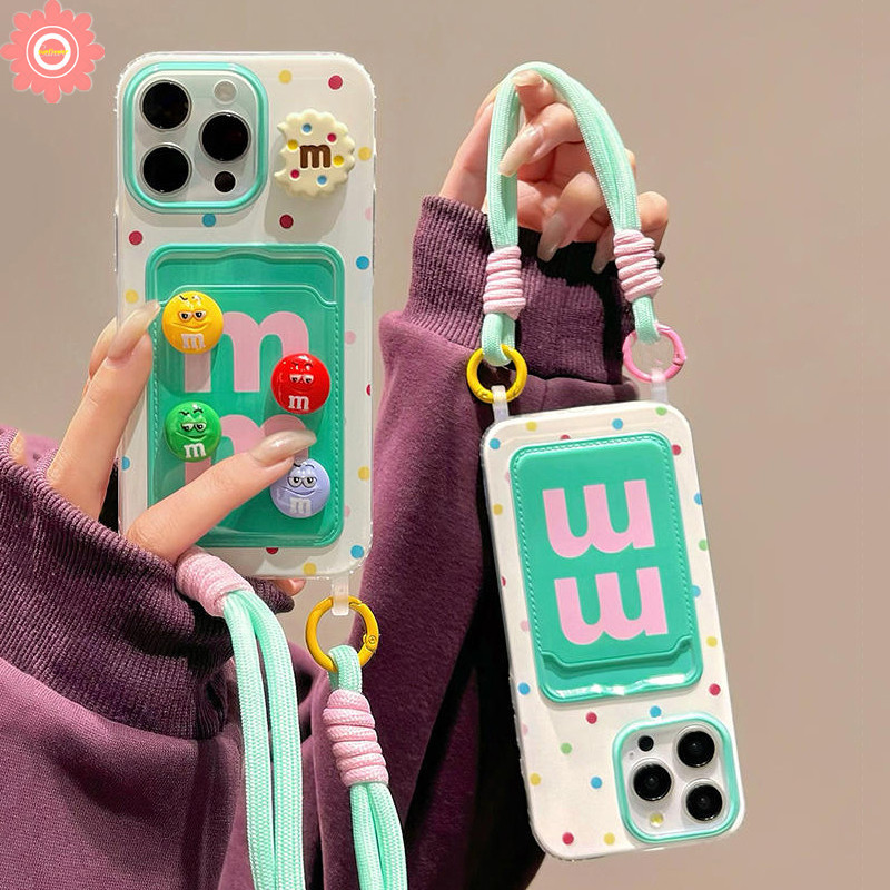 Creative Double Lanyardกระเป๋าสตางค์ช่องใส่การ์ดสําหรับIPhone 16 15 14 12 XR 13 11 Pro Max 7Plus X XS Max 8 6s 15 7 Plus SE 2022 สร้างสรรค์น่ารักสีเขียว 3D M Letter Cover