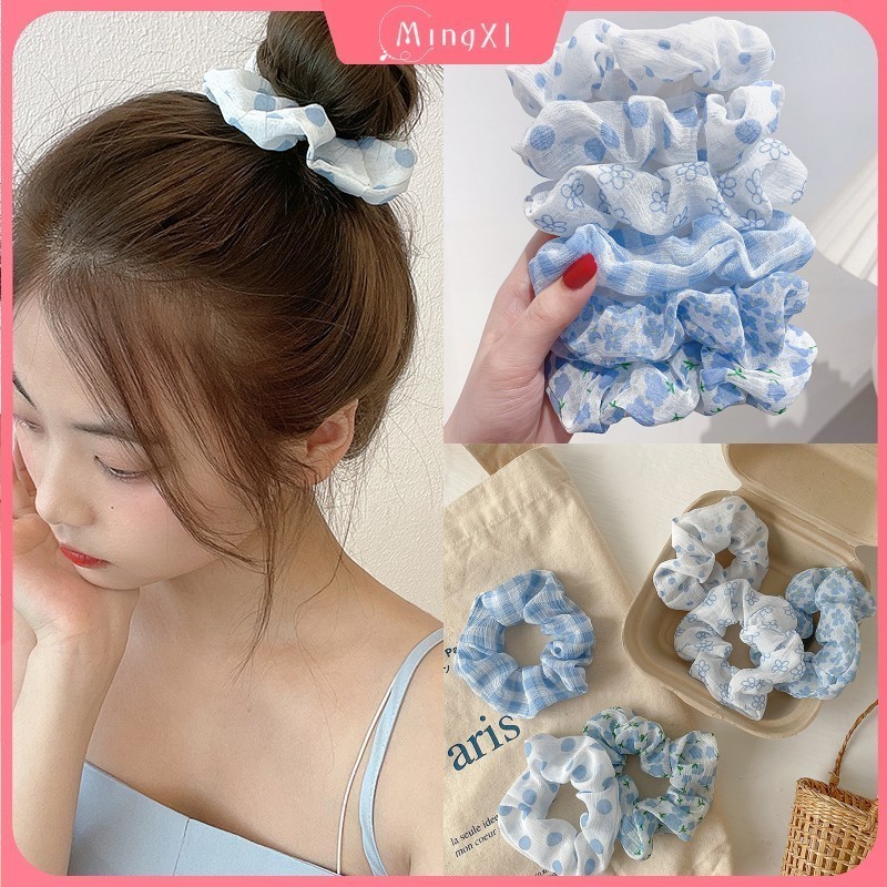 ดอกไม้สีฟ้าลําไส้ใหญ่ผูกผมผู้หญิงใหม่ลายจุดสดแฟชั่นเชือกผมเครื่องประดับผม