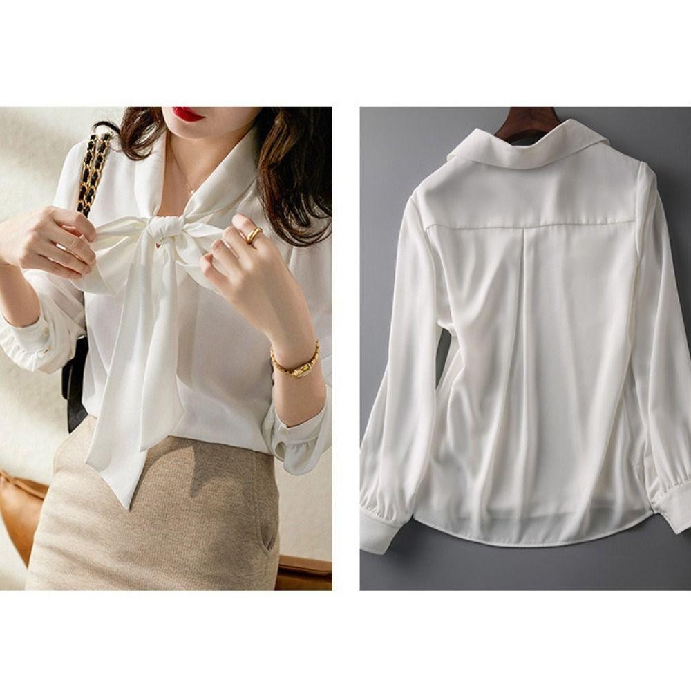 Jane เสื้อเชิ้ตแขนยาว,การเฉลิมฉลอง, ราชินี,เสื้อชีฟอง Riband ผู้หญิง,สีทึบ Slim Fit Office Lady Blouse - รูปที่ 5