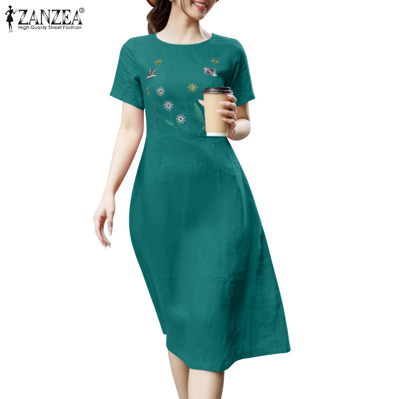 Zanzea ชุดเดรสคอกลมแขนสั้นแฟชั่นวินเทจสําหรับผู้หญิง