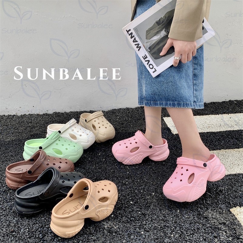 SUN0830 รองเท้าหัวโต แตะเสริมส้นสูง 8 CM แบบสวม ไม่มีตัวติด มีสายรัดส้น พื้นกันลื่น พร้อมส่ง