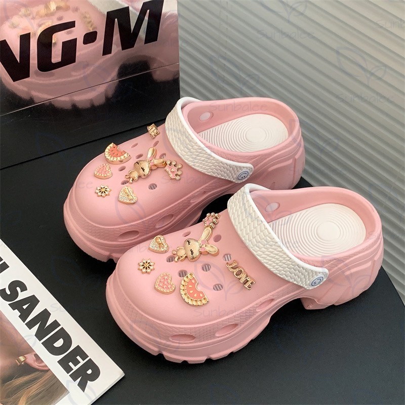 H509 รองเท้าหัวโต เสริมส้นสูง 7 CM แถมตัวติดน่ารัก มีสายรัดส้นเท้า รองเท้าผู้หญิง สีพาสเทล สินค้าพร้อมส่ง