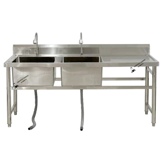 ซิงค์ล้างจานสแตนเลส พร้อมที่คว่ำจาน อ่างล้างจาน 2 หลุมซ้าย 180x70x80ซม Double Bowl Kitchen Sink SK180-70-ST480L