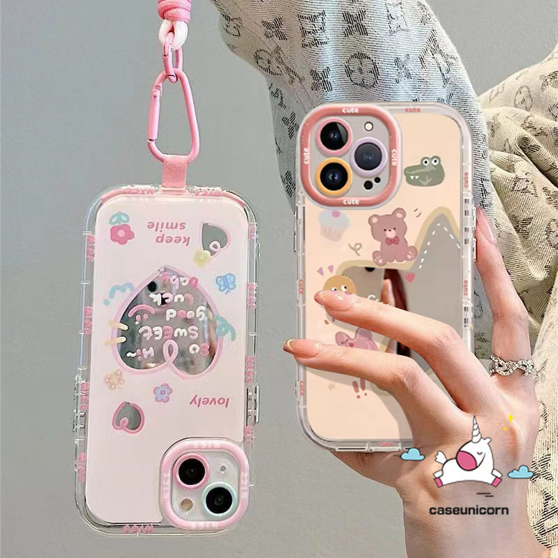 การ์ตูน Macaron Candy Doodle ดอกไม้หมีน่ารักกระต่าย Love Heart สําหรับ IPhone 7Plus 11 12 14 13 15 Pro Max 8 15 7 Plus XR X XS Max SE 2020 กระจกหรูหรา Make Up Cover