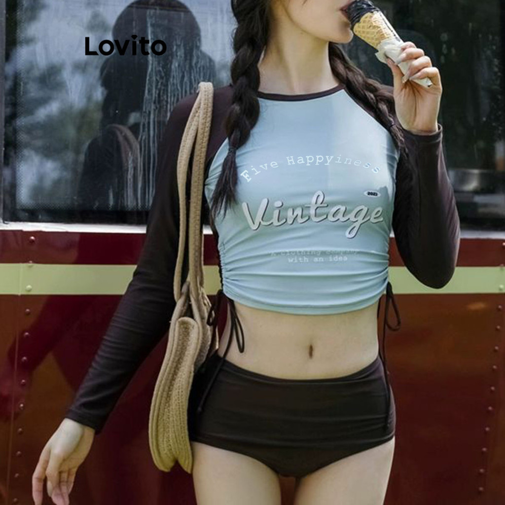Lovito ชุดเซ็ทบิกินี่ผู้หญิง บล็อกสี สีพื้น สไตล์ลำลอง LNA52216