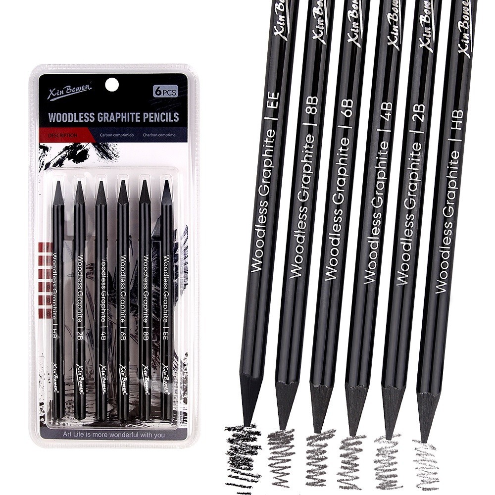 6 ชิ้น Woodless Graphite ชุดดินสอ HB 2B 4B 6B 8B EE Sketch Drawing ดินสอถ่านสีดําอุปกรณ์ศิลปะสําหรับศิลปินนักเรียน