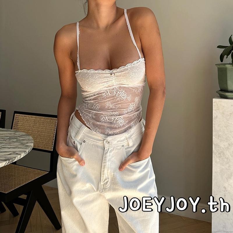 Joeyjoy-เสื้อกล้ามแบบบางสําหรับฤดูร้อนสําหรับผู้หญิงสีขาวแขนกุดเปลือยสายเดี่ยวลายดอกไม้ลูกไม้เชียร์