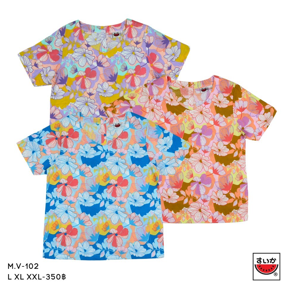 เสื้อแตงโม (SUIKA) - เสื้อผ้าป่านมัสลิน คอวีกระดุมหลังแขนสั้น  (M.V-102)