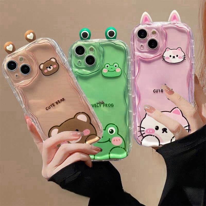 น่ารัก 3D กบตาหูแมวสําหรับ Samsung Galaxy S24 FE S25 Ultra S23 Plus A16 A55 A35 A15 5G A06 เคสโทรศัพท์ครีมขอบหยักกันกระแทกซิลิโคนกล้องฝาครอบป้องกัน