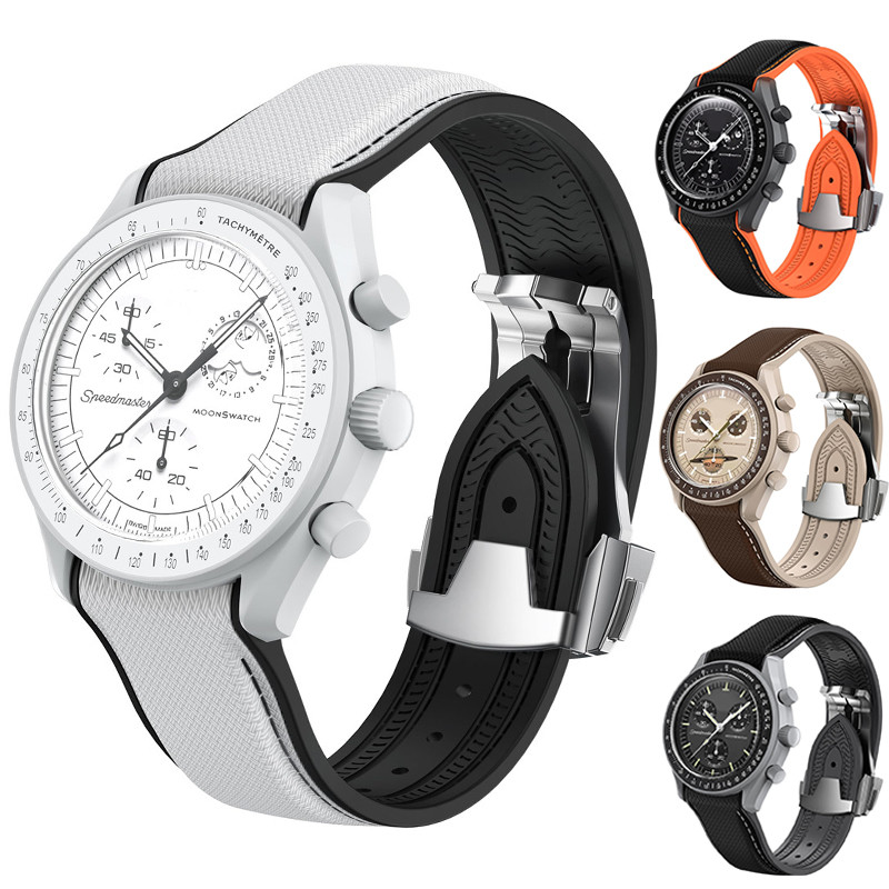 สายรัดยางซิลิโคนปลายโค้งสําหรับ Swatch X Omega joint MoonSwatch ผู้ชายผู้หญิงสแตนเลสพับหัวเข็มขัดสายนาฬิกาสร้อยข้อมือ 20 มม.