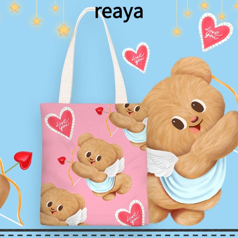 กระเป๋าผ้าแคนวาส REAYA Butter Bear, กระเป๋าสะพายหมีเนยเรียบง่ายการ์ตูน, กระเป๋าโท้ทความจุขนาดใหญ่แบบพกพาผู้หญิง