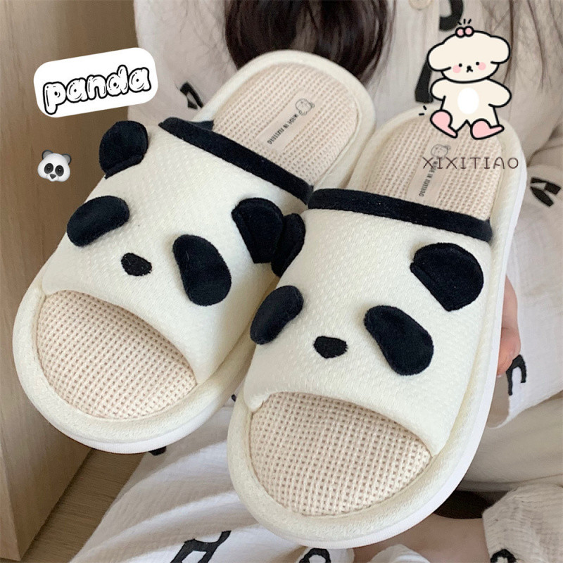 Xitiao Soft-Soled Home Casual Linen รองเท้าน่ารักการ์ตูน Panda Four Seasons Universal รองเท้าแตะ
