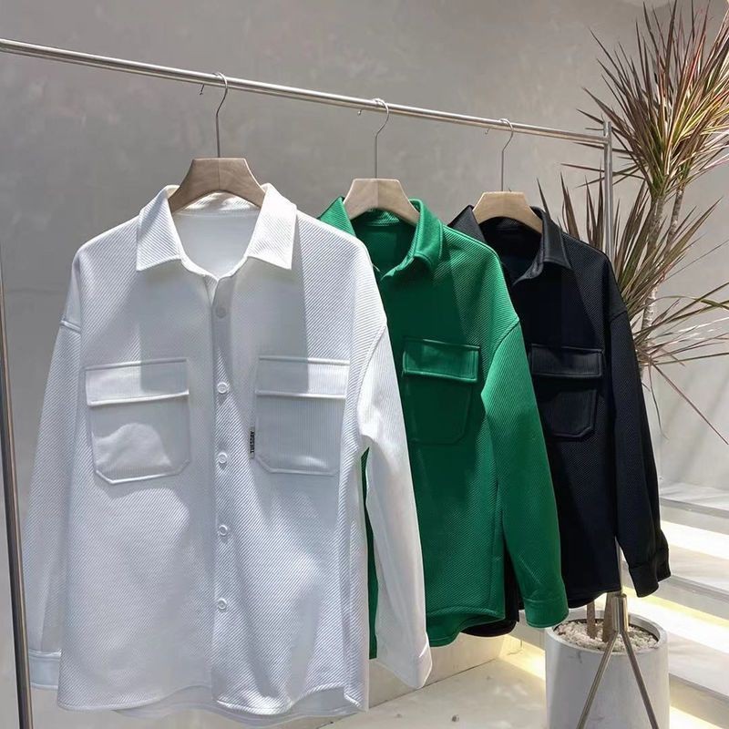 เสื้อแจ็คเก็ตแขนยาวผู้ชายเสื้อหลวมกลางแจ้ง Commuting Casual ปุ่มสีทึบปกสี่สี WL009