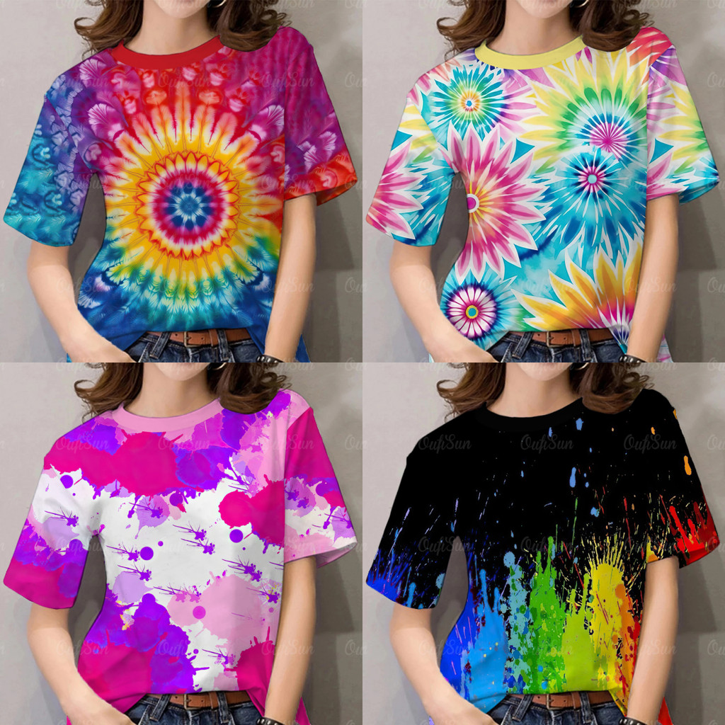 เสื้อมัดย้อม เสื้อสงกรานต์สดใสเหมาะสําหรับสาวอ้วนเสื้อขนาดใหญ่ชุดสงกรานต์ร้อนสําหรับผู้หญิงหลวมแขนสั้น โอ-คอ เสื้อยืด ท็อปส์เสื้อฮาวาย