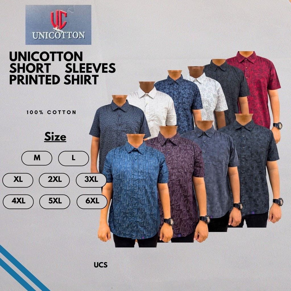 มาใหม่ ยูนิคอตตอน เสื้อเชิ้ตแขนสั้นพิมพ์ลายผู้ชายผ้าฝ้าย 100% (มีขนาดบวก) UCS