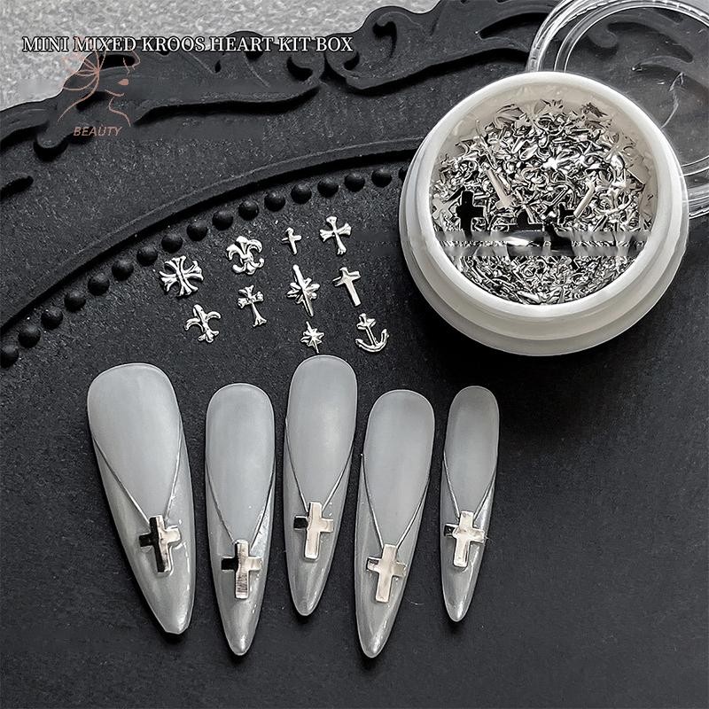 [maybeauty] 1Box Alloy Cross Nail Art Charm 3D Small Silver Heart Nail Decor Jewelry Punk Design Nail Accessories {TH}